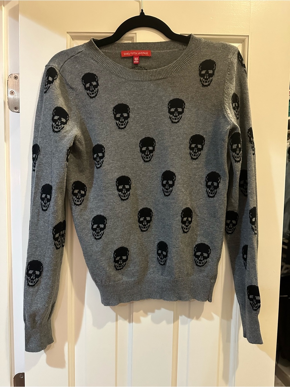 Saks Fifth Avenue Gray Crewneck Sweater with Black Skull Pattern